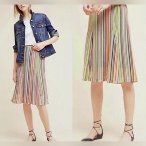 Maeve Anthropologie Rainbow Striped Crochet Skirt S Fluted Hem Midi A Line